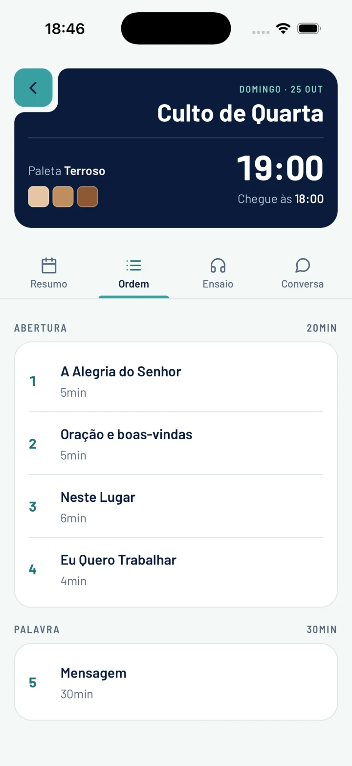 O culto aberto com o horário e a programação