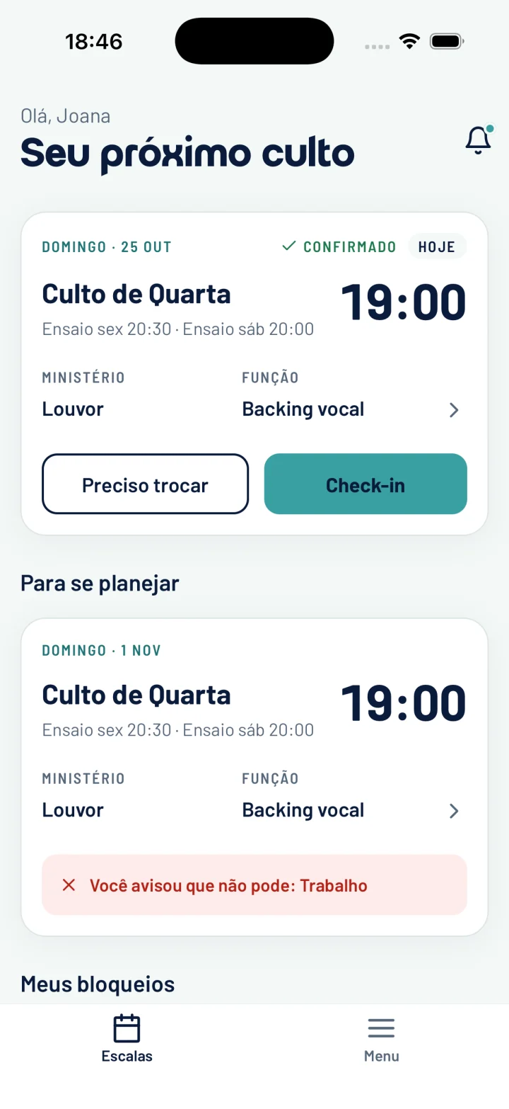 Próximos cultos do voluntário com ministério e função
