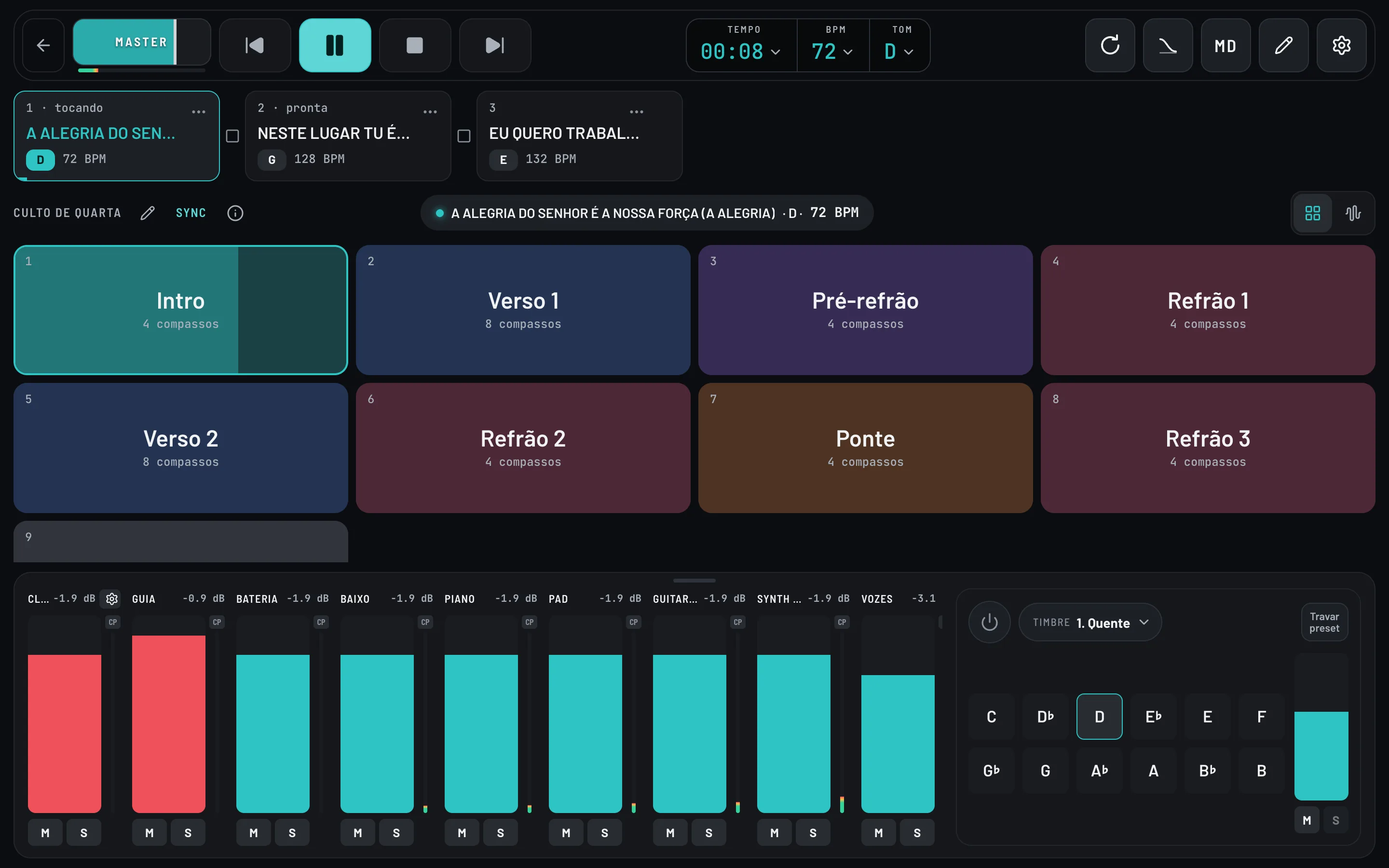 O Kletos Tracks no palco: setlist do culto, seções da música em blocos e o mixer das faixas